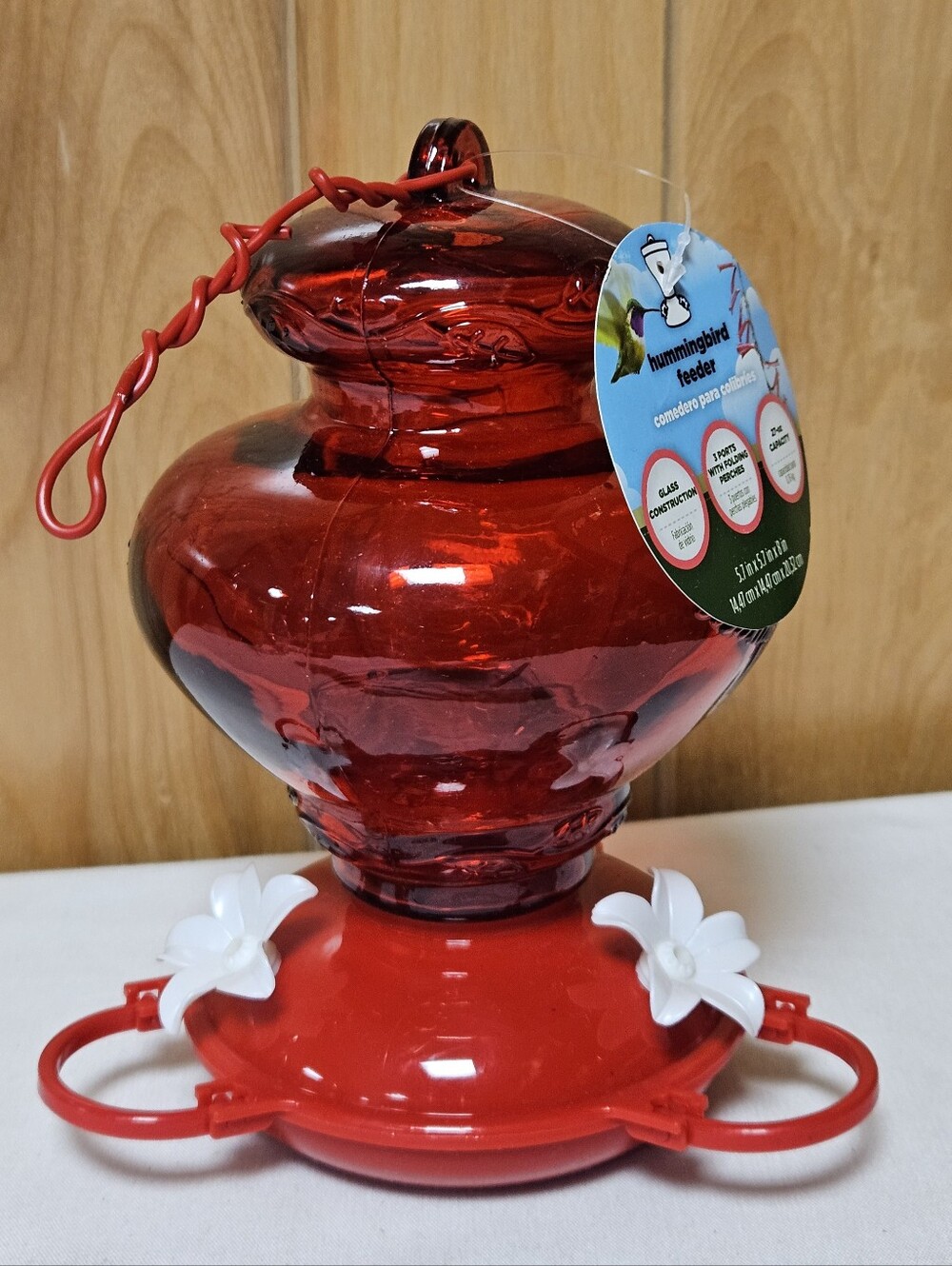 Garden Treasures Painted Red Glass Hanging Hummingbird Feeder- 27-oz Capacity